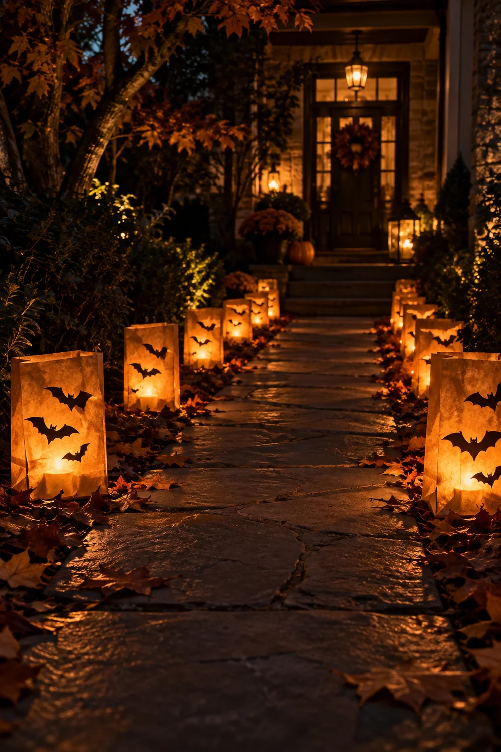 Paper bag luminarias glowing along a Halloween walkway at night