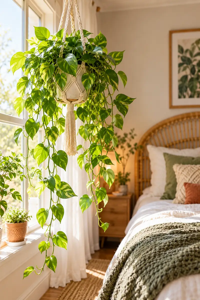 Macramé hanger with trailing plant by a bedroom window