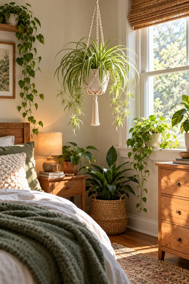 Macrame hanging planter with a spider plant in a bright bedroom corner