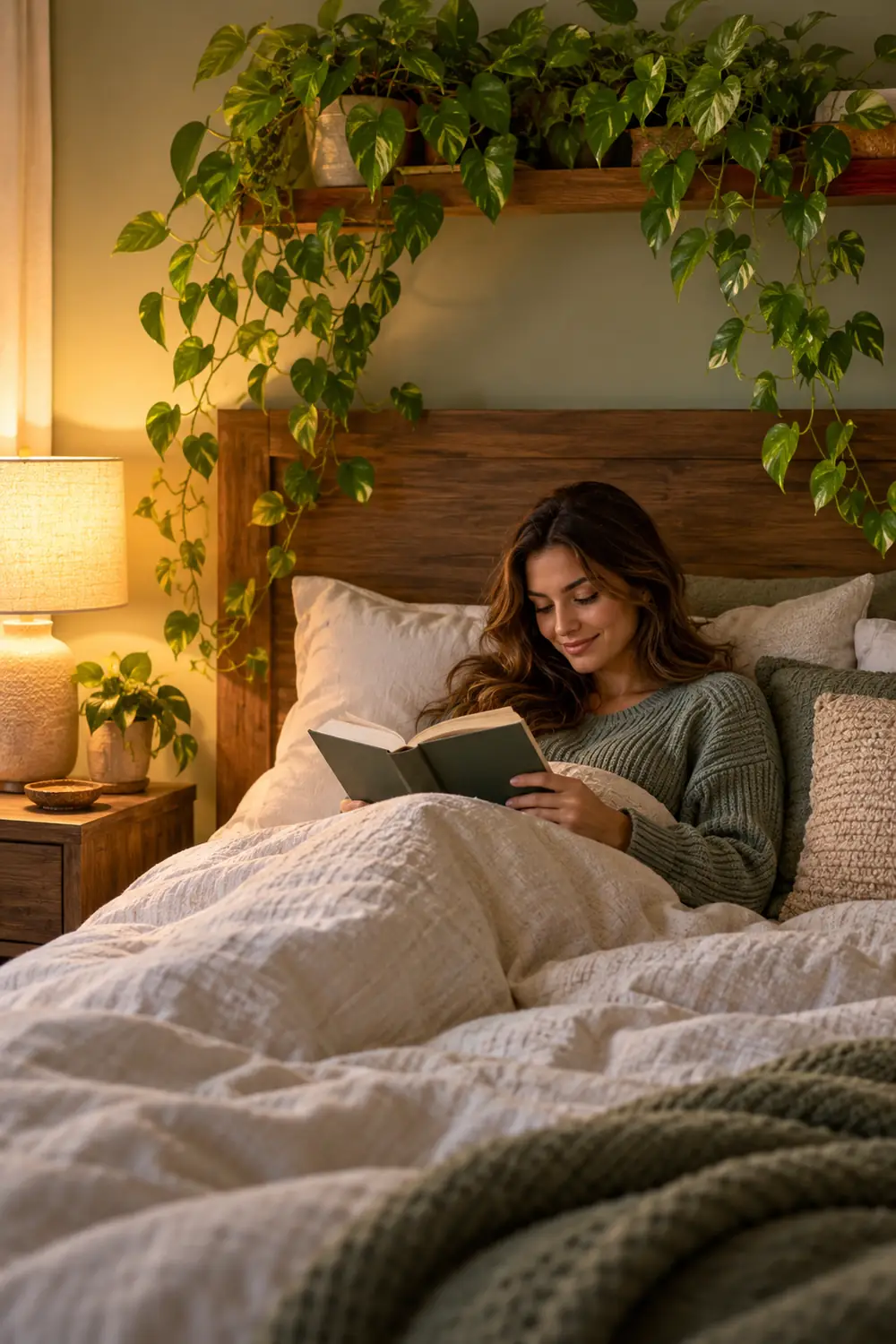 Pothos trailing from a shelf above a wooden headboard