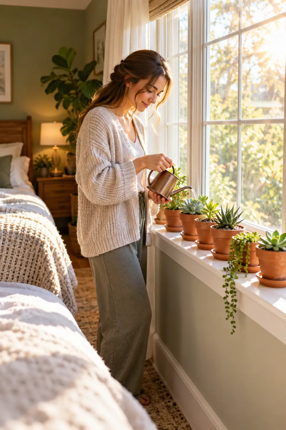 Row of small succulents in clay pots on a bedroom windowsill