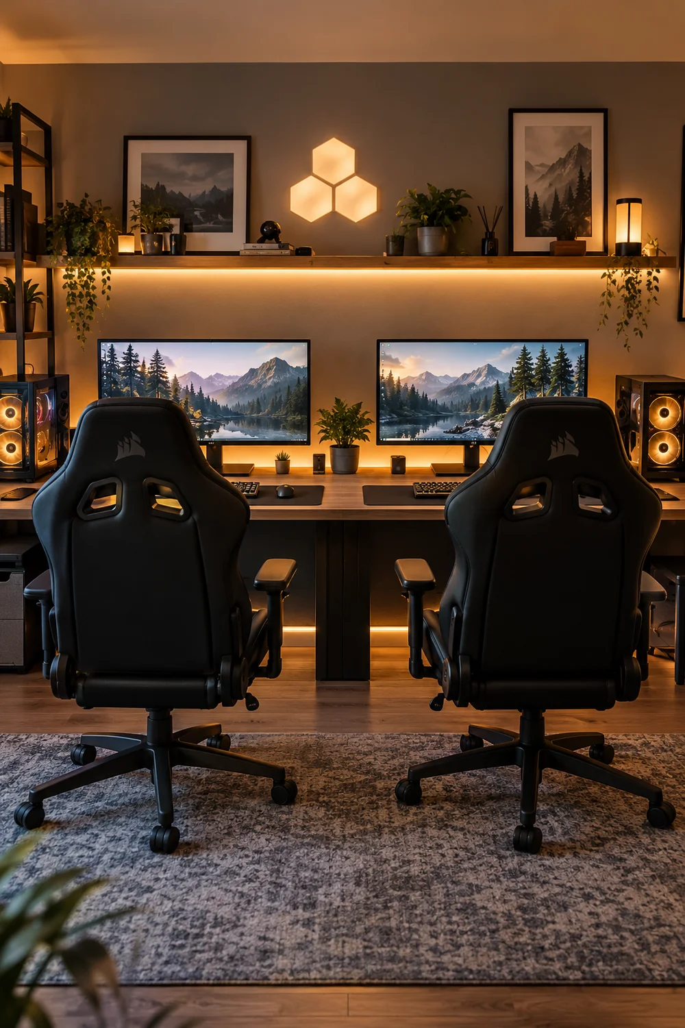 Two matching gaming chairs at a shared desk