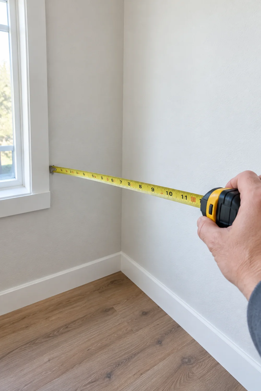 Measuring an empty room corner with a tape measure for a gaming station