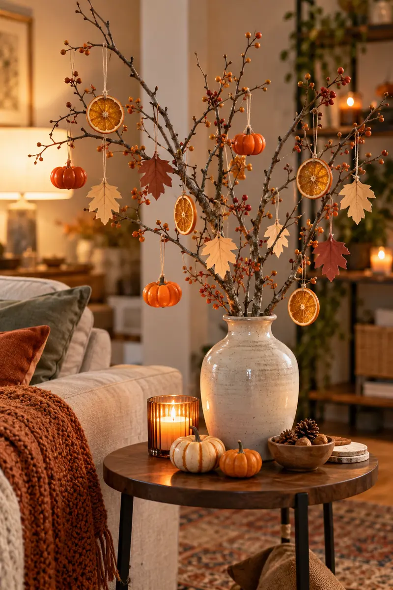 Small branch in a vase decorated with mini pumpkins for small space Thanksgiving