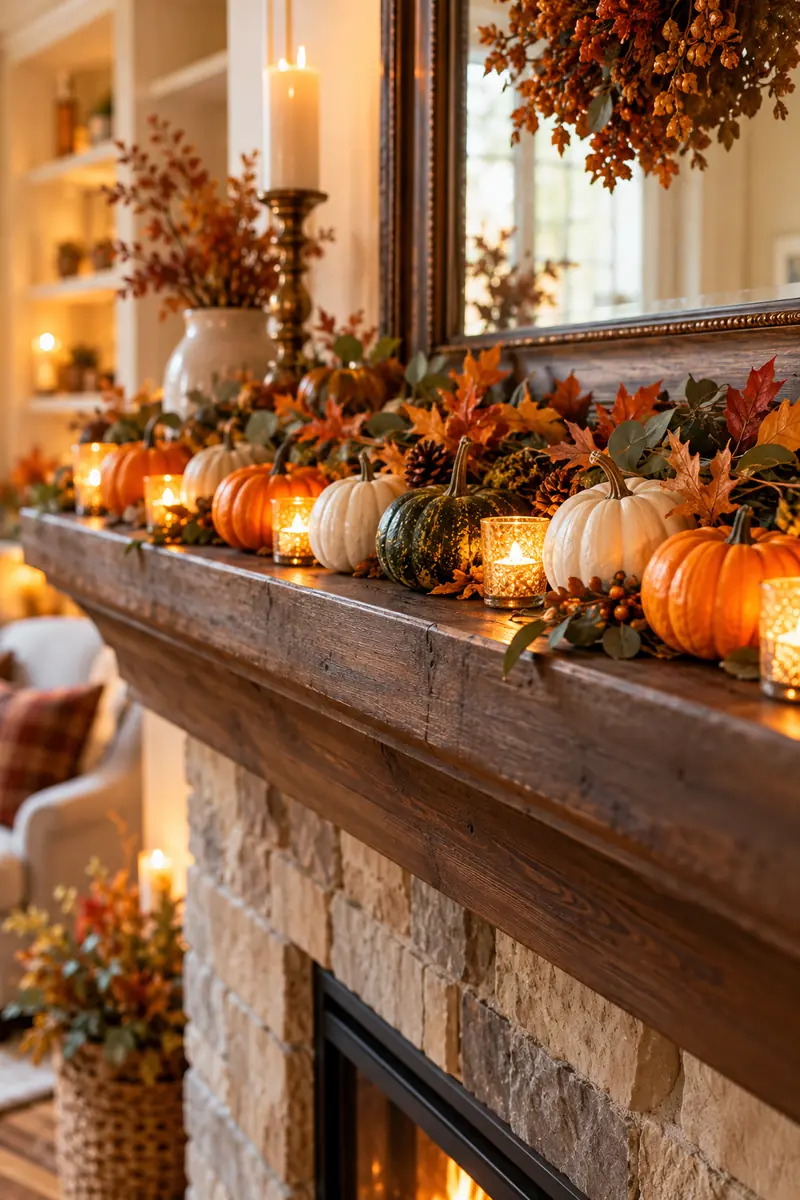 Row of mini pumpkins in orange white and green along a Thanksgiving mantel