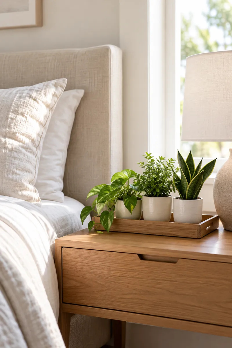 Minimalist Bedroom Bedside Plant or Lamp Bedside table with a single plant