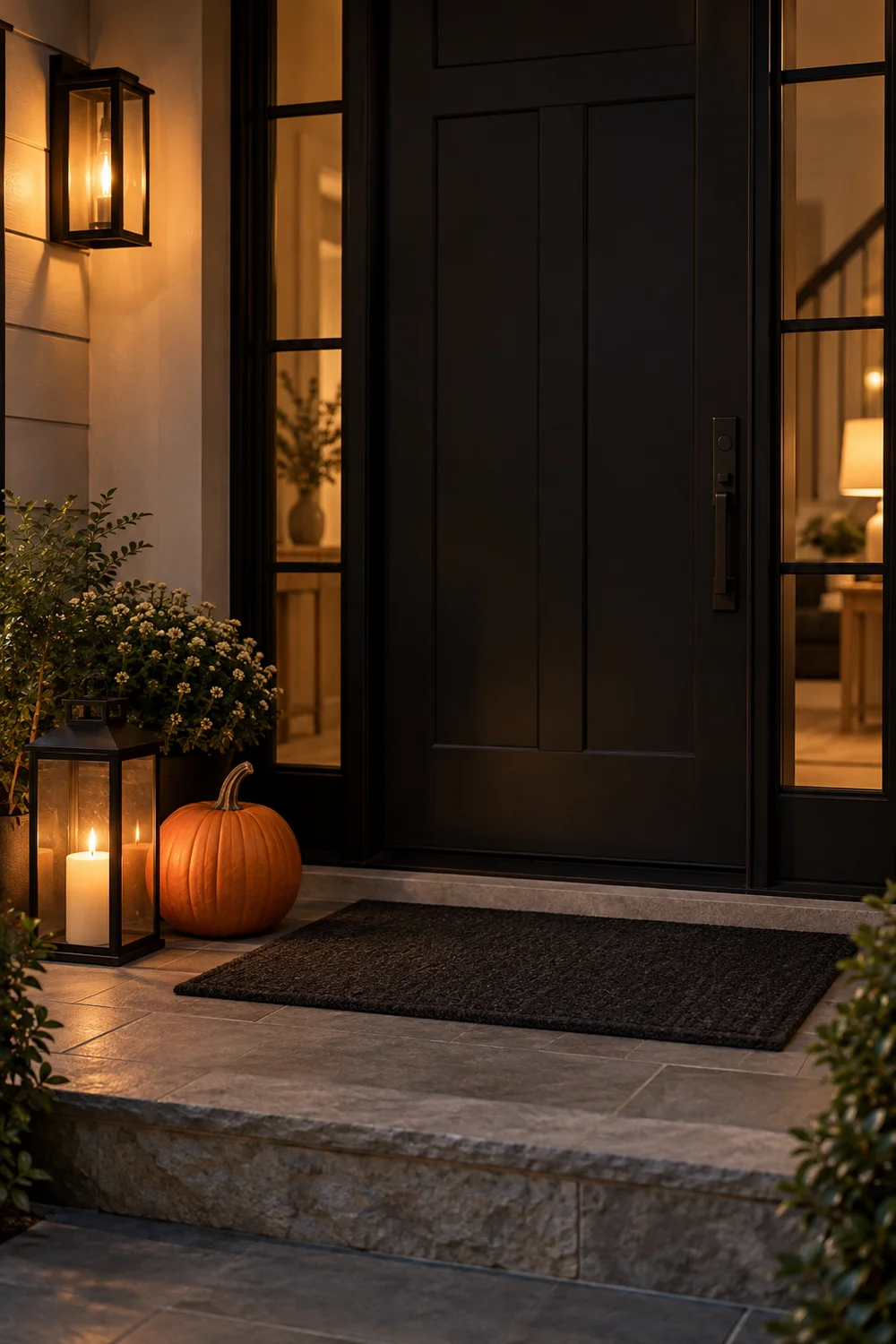 Minimalist Halloween entryway with doormat, pumpkin and lantern