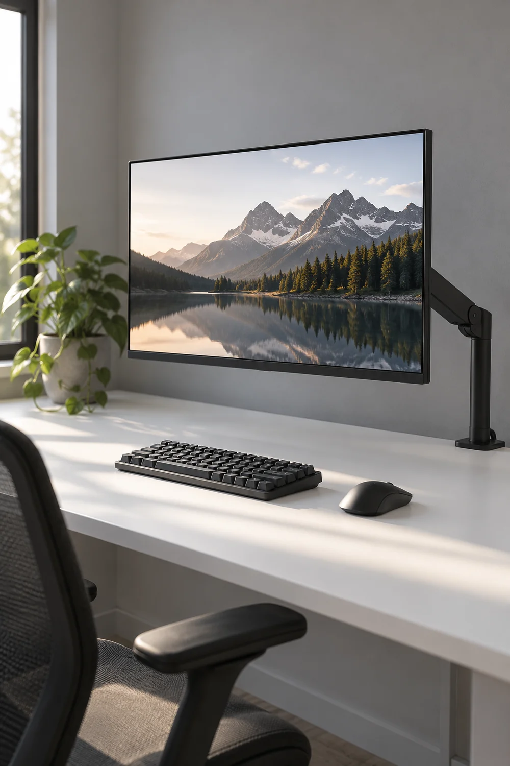 Minimalist gaming desk with monitor mounted on a single arm