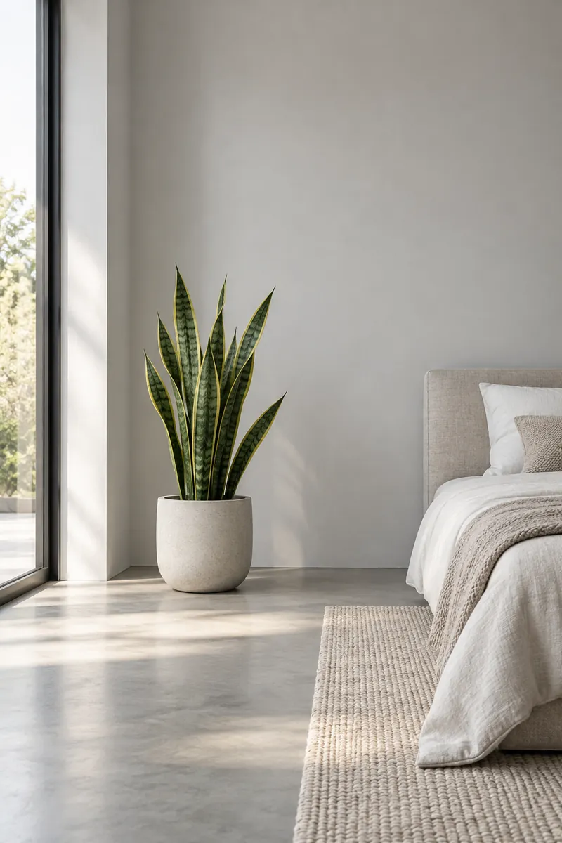 Minimalist Bedroom Snake Plant by the Bed Snake plant beside the bed