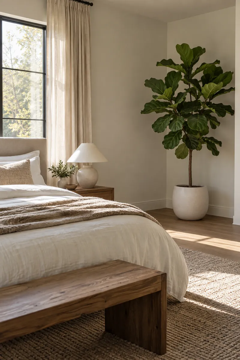 Minimalist Bedroom With One Statement Plant Single statement plant in a minimalist bedroom