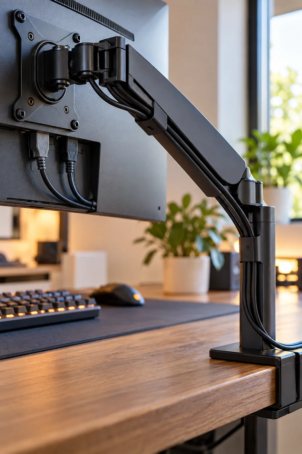 Monitor cables routed neatly through a monitor arm channel