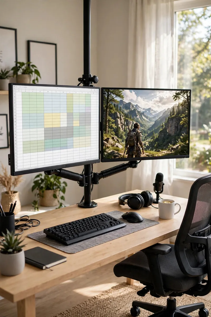 Monitor on a swing arm in a home office gaming room