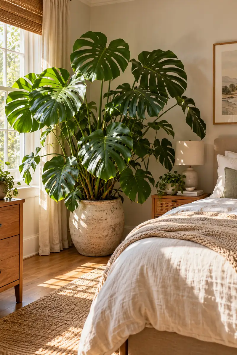 Large monstera plant as a statement piece in a cozy bedroom corner