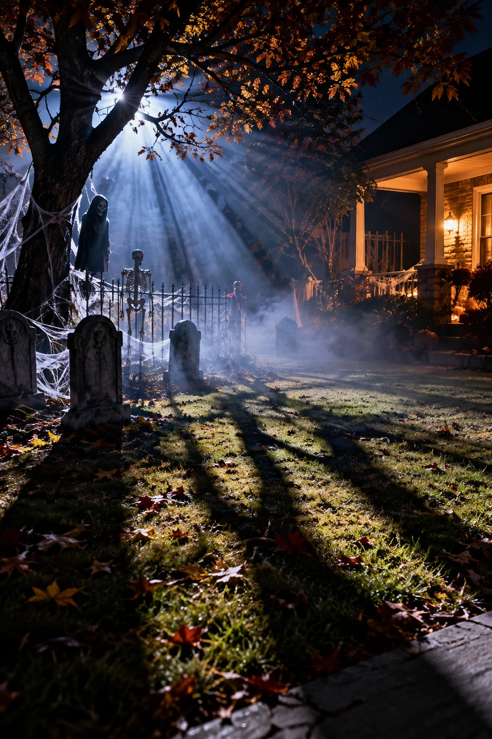 Cool white spotlight casting long shadows across a Halloween yard