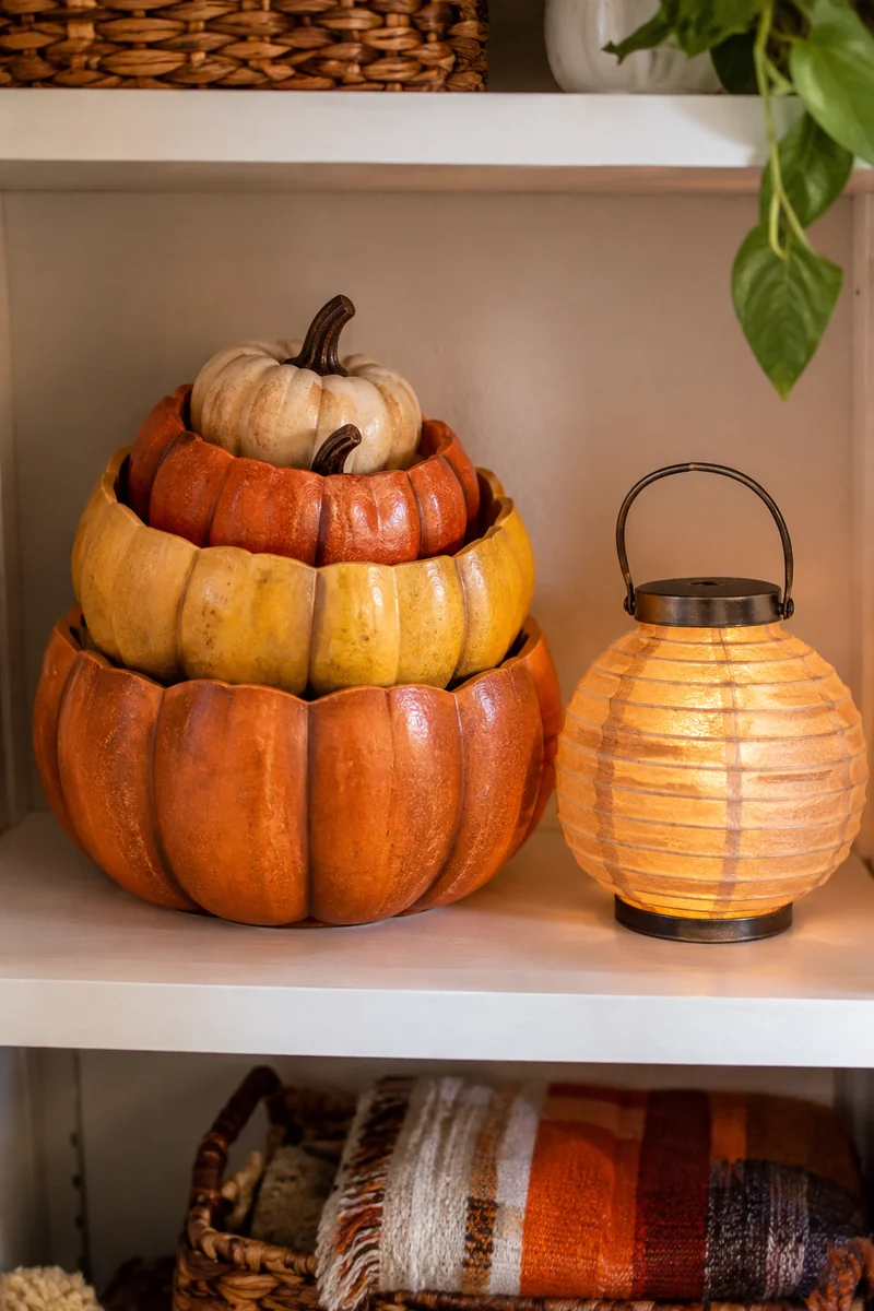 Stackable nesting pumpkins and collapsible decor for small apartment storage