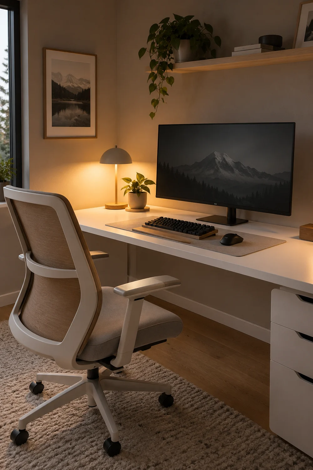 Gaming setup in white, gray, black and light wood tones