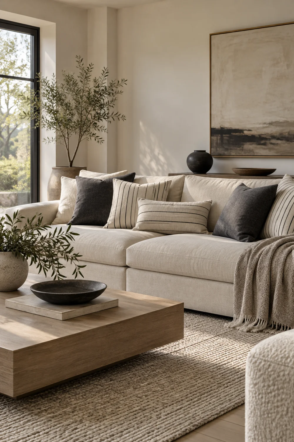Neutral throw pillows in charcoal and cream on a sofa