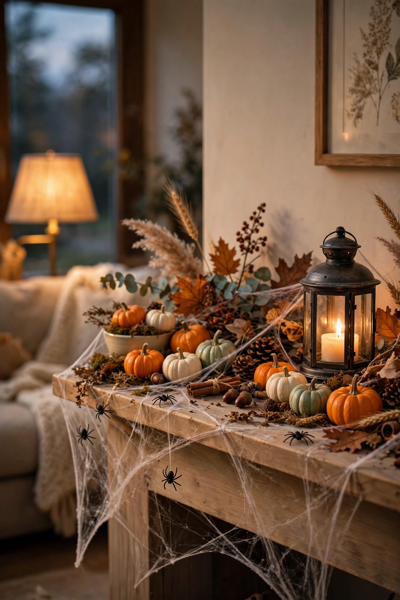 Mantel draped with thin faux cobwebs, tiny spiders, mini pumpkins and a glowing lantern