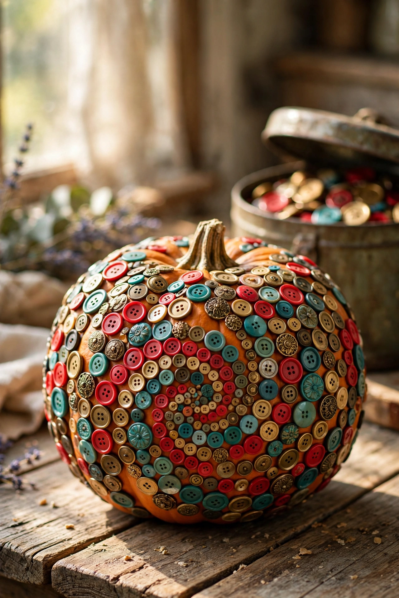 Pumpkin covered in a colorful mosaic of vintage buttons in red, gold, and teal on a wooden table