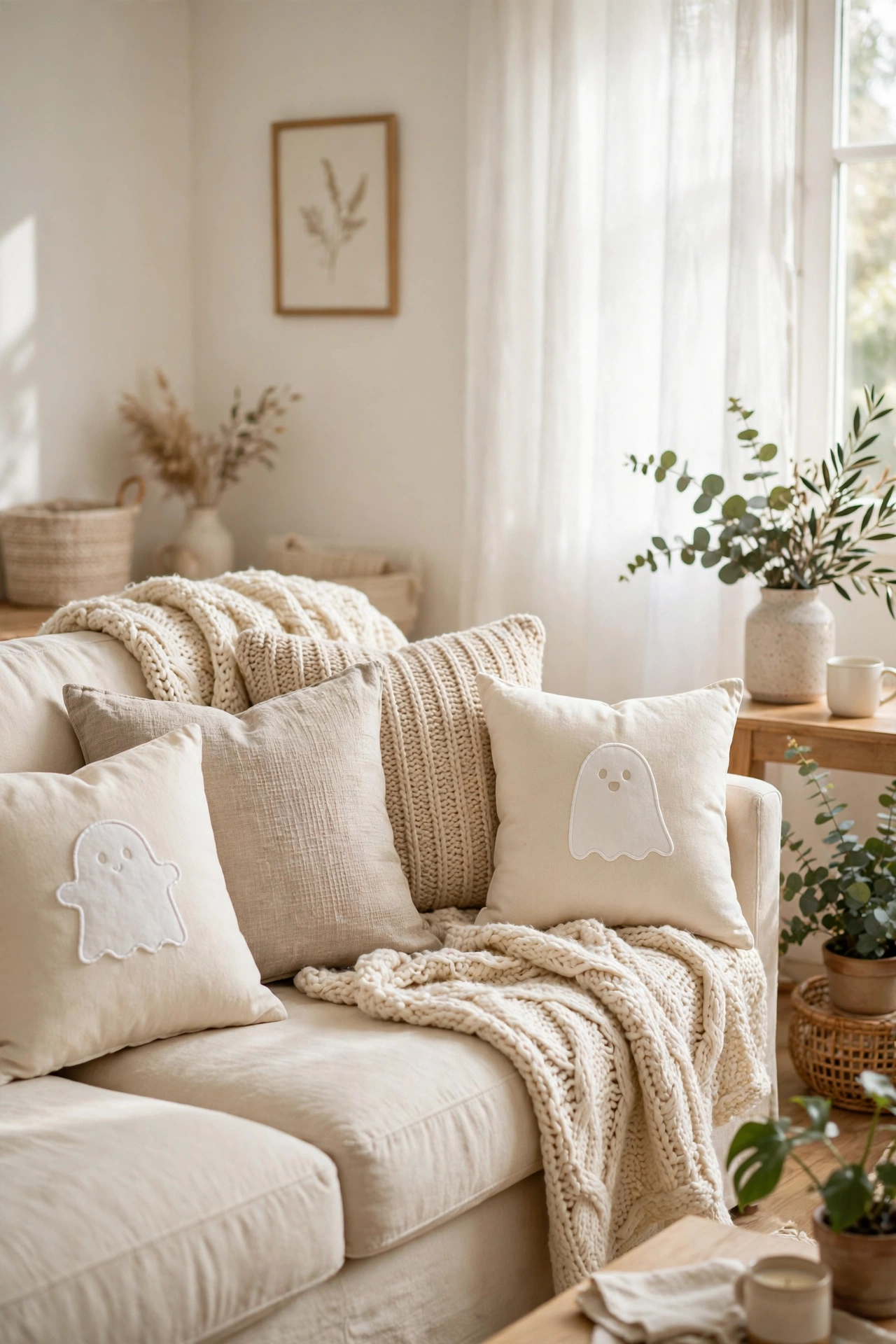 Sofa with white ghost throw pillows and a knit throw