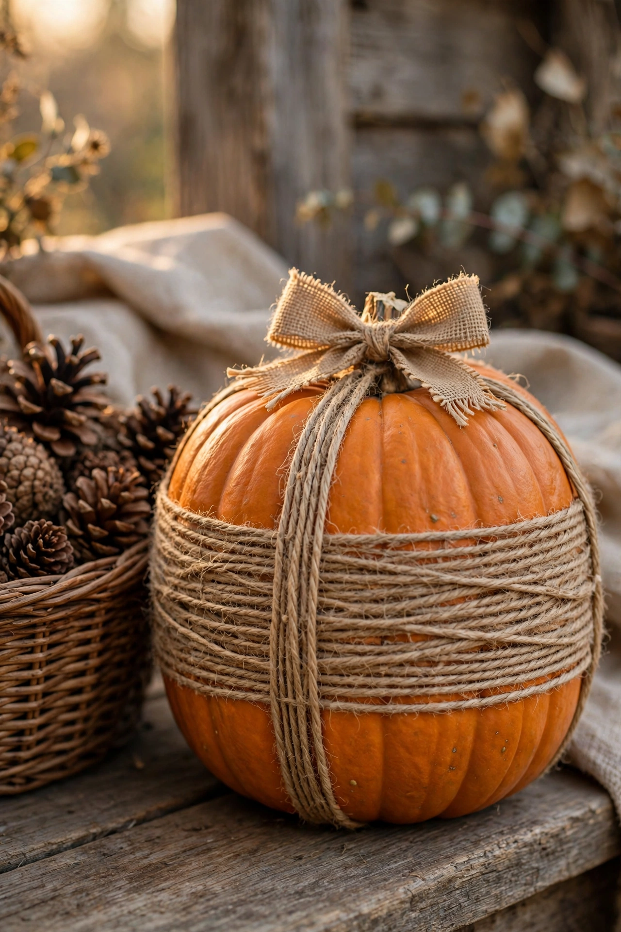 Pumpkin wrapped tightly in natural jute twine with a small burlap bow at the stem, rustic farmhouse porch setting
