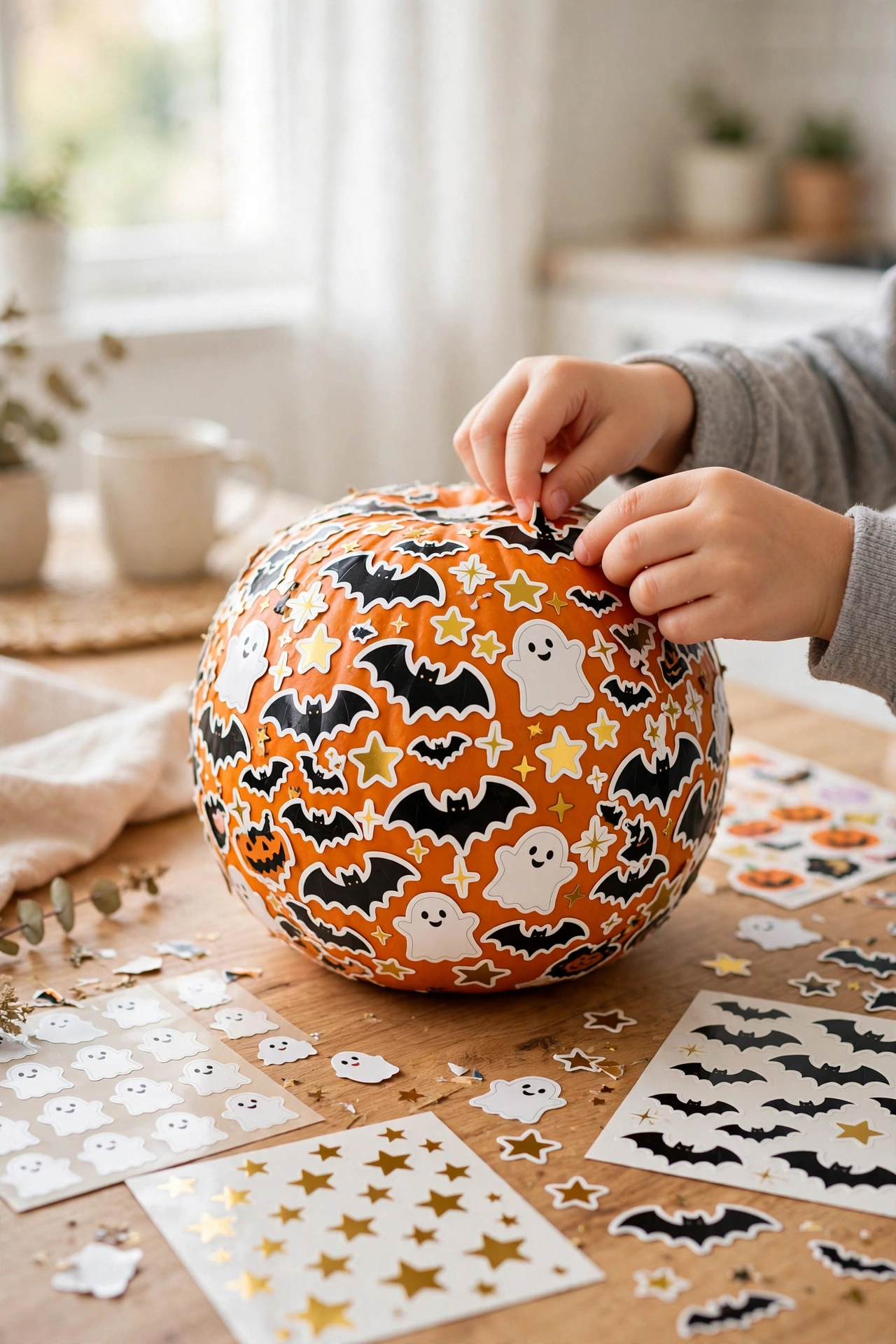 Small orange pumpkin completely covered in Halloween stickers, child's hands adding a bat sticker, kitchen table