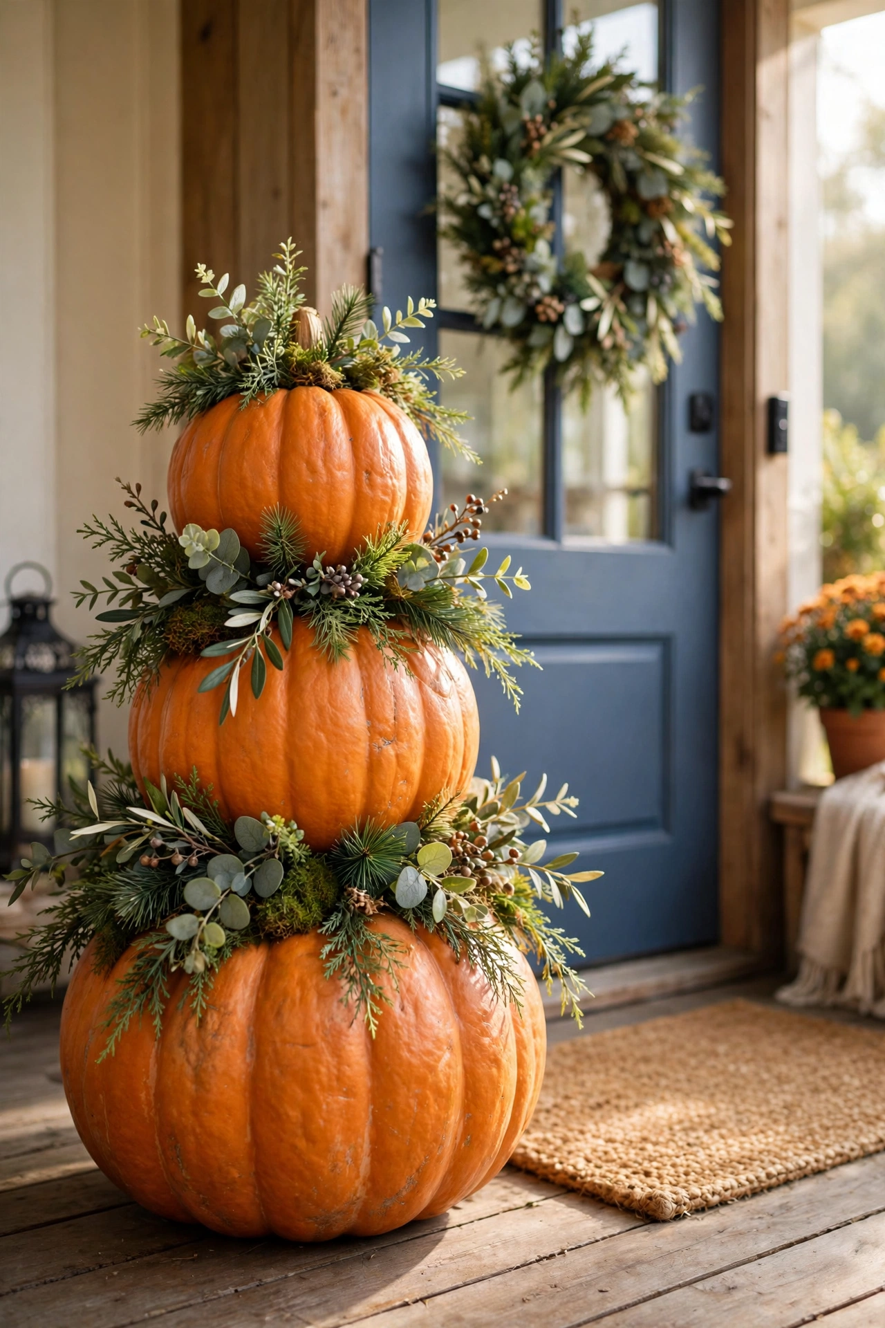 Three stacked pumpkins of decreasing size forming a topiary tower on a front porch with greenery tucked between layers