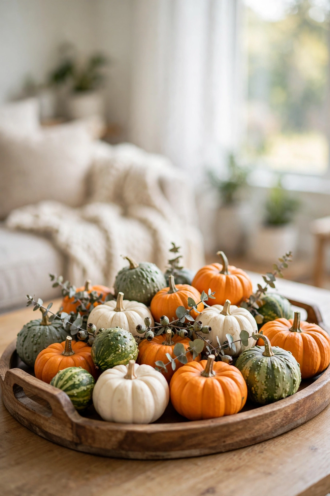 Coffee table tray of mini pumpkins and gourds with dried eucalyptus
