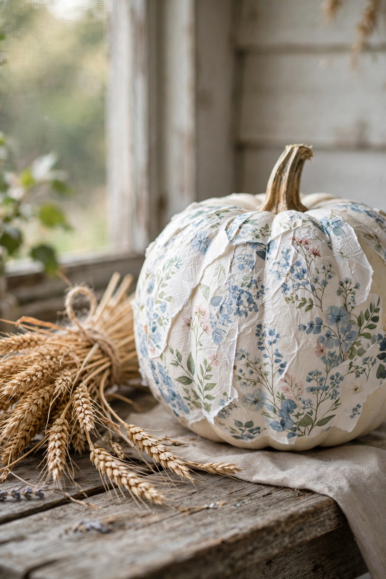 White pumpkin covered in floral paper napkin decoupage sitting on a porch table next to dried wheat stems