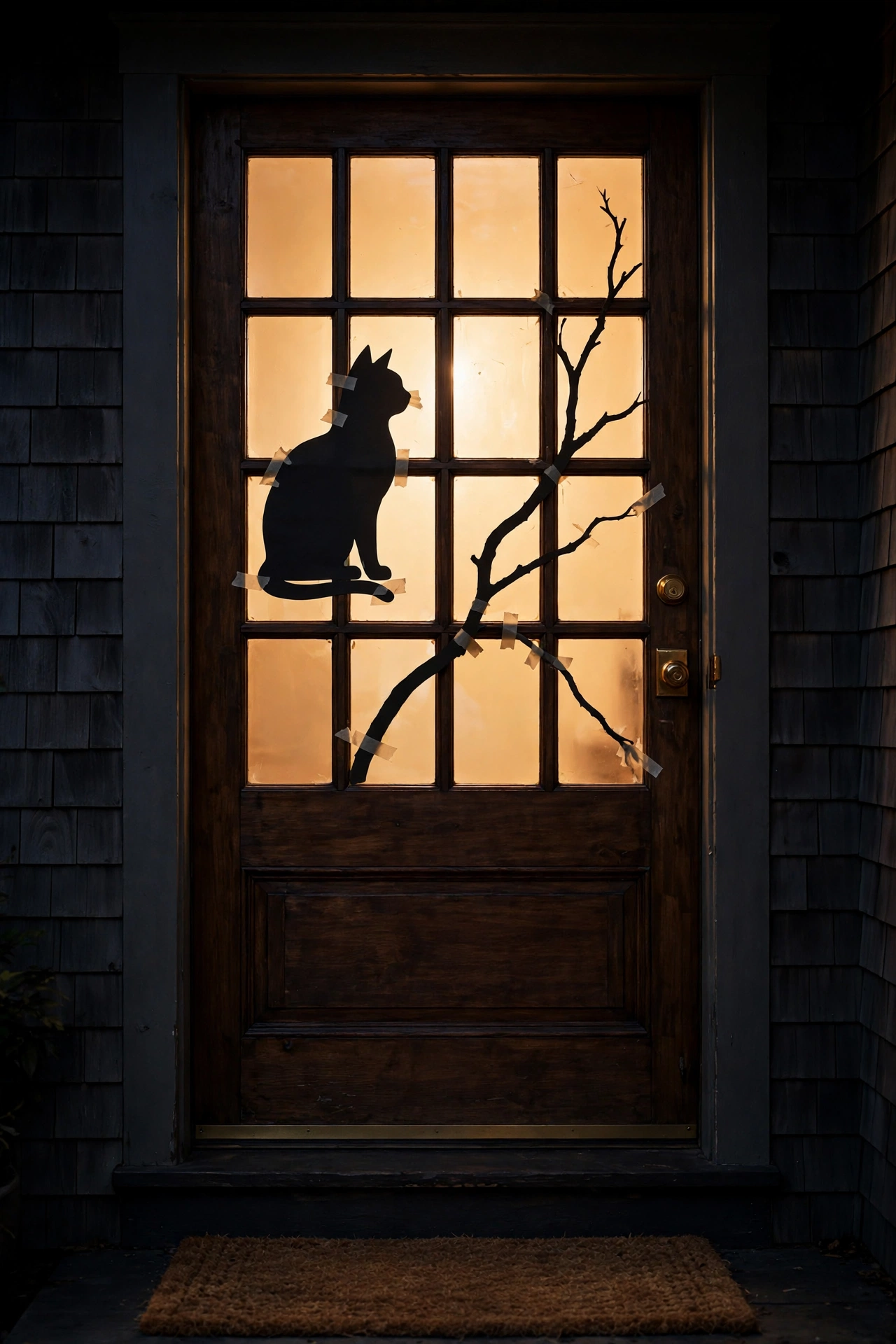 black paper cat and branch silhouettes taped inside the glass panels of a front door glowing against warm interior light at night