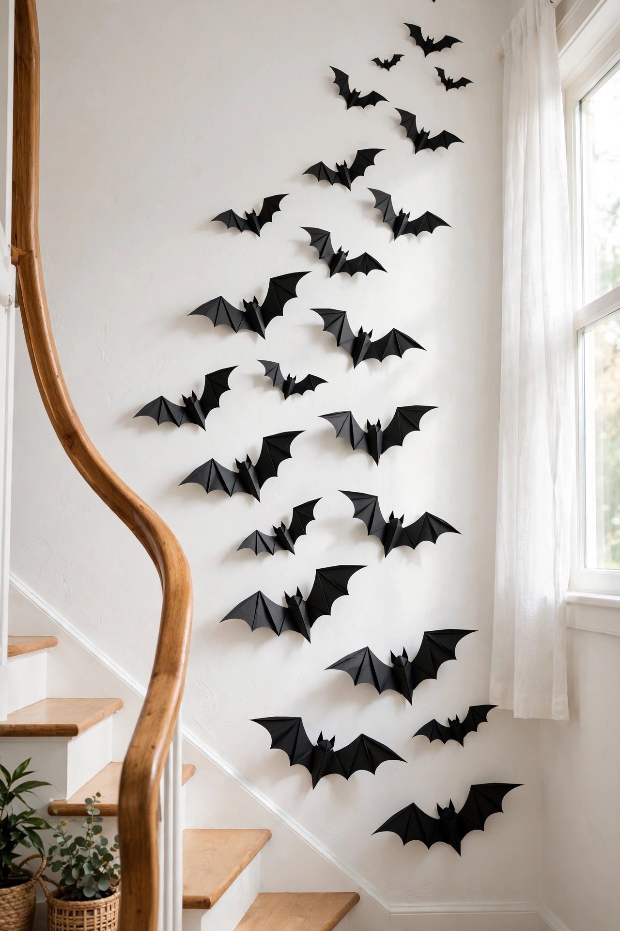 Black 3D paper bats stuck to a white staircase wall in a rising scattered flight pattern, bent wings casting small shadows