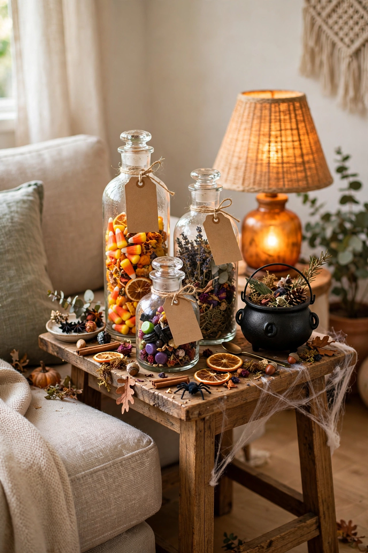 Side table potion station with labeled glass jars and a tiny cauldron