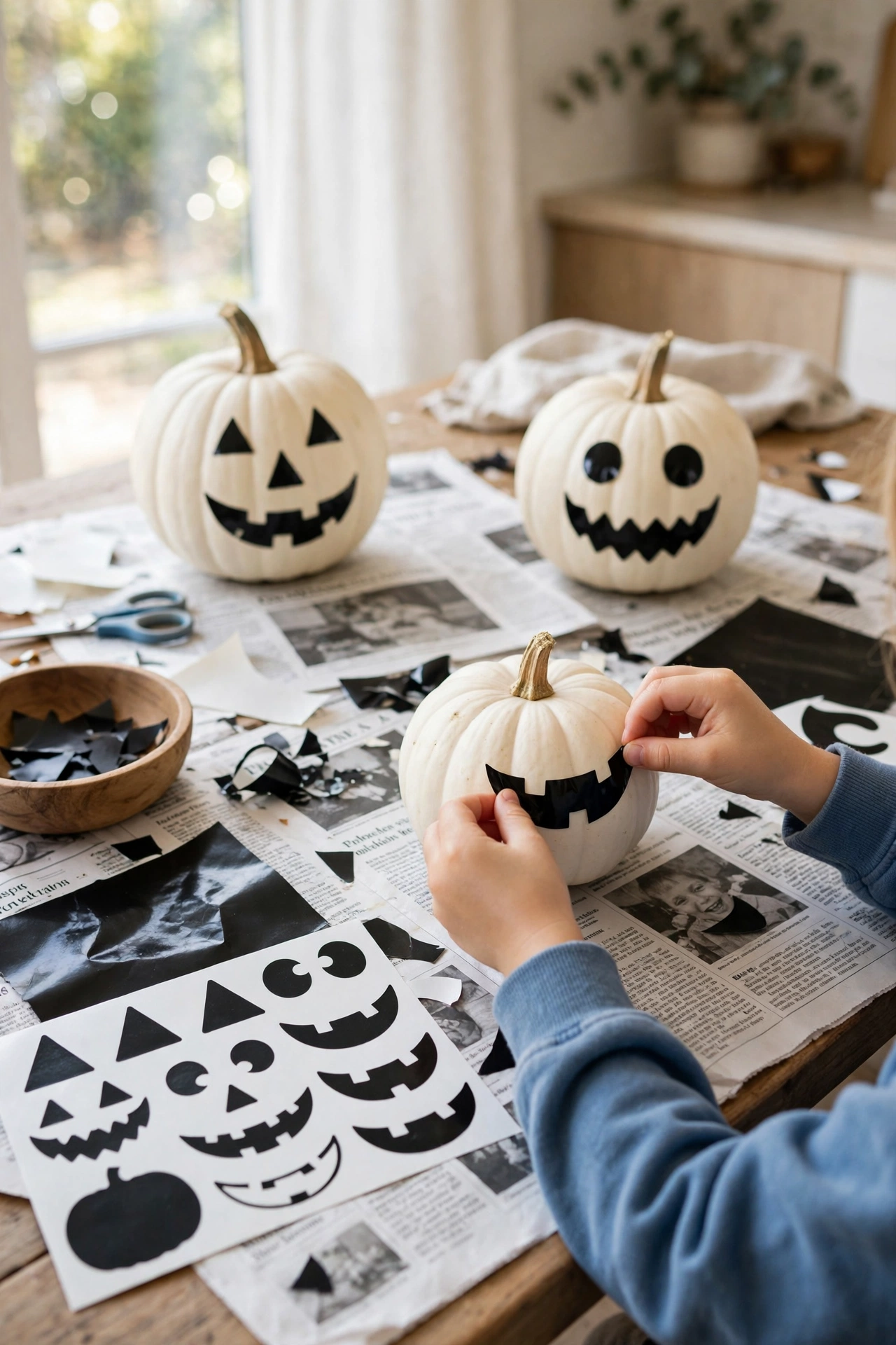 White pumpkins with black vinyl jack-o-lantern faces, a child's hands pressing a vinyl smile onto one pumpkin