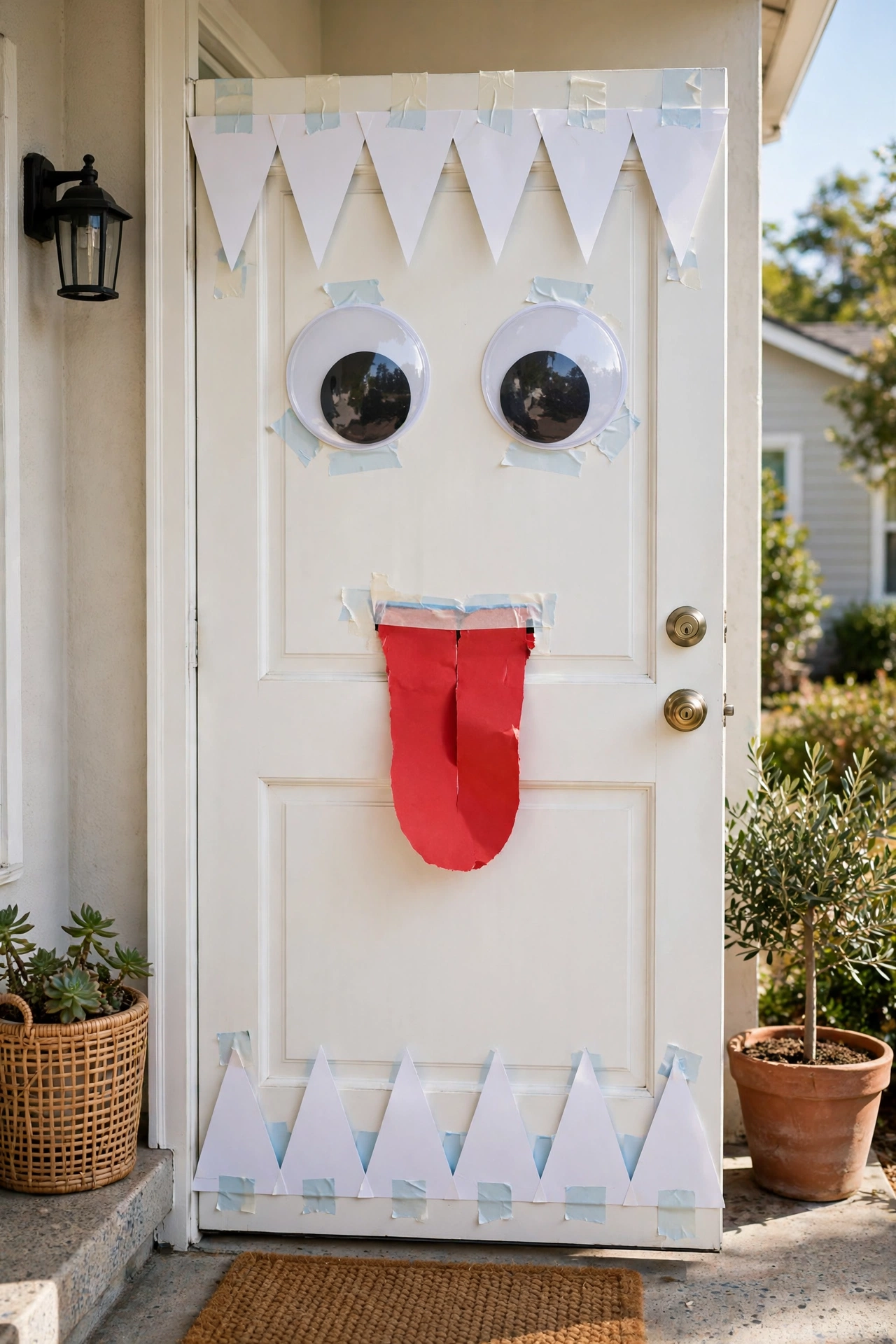 front door decorated as a friendly monster face with big white paper teeth and giant googly eyes and a red paper tongue in daylight