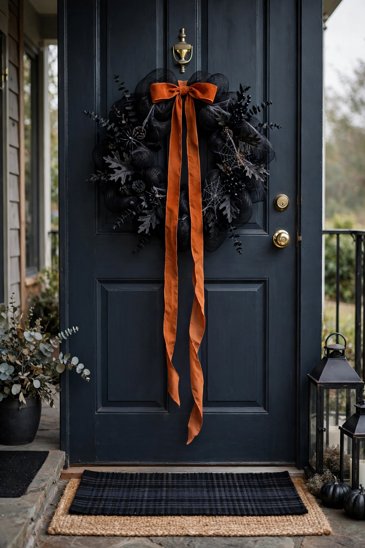 Black mesh Halloween wreath with one wide burnt-orange ribbon tied at the top, long ribbon ends draping down a dark front door