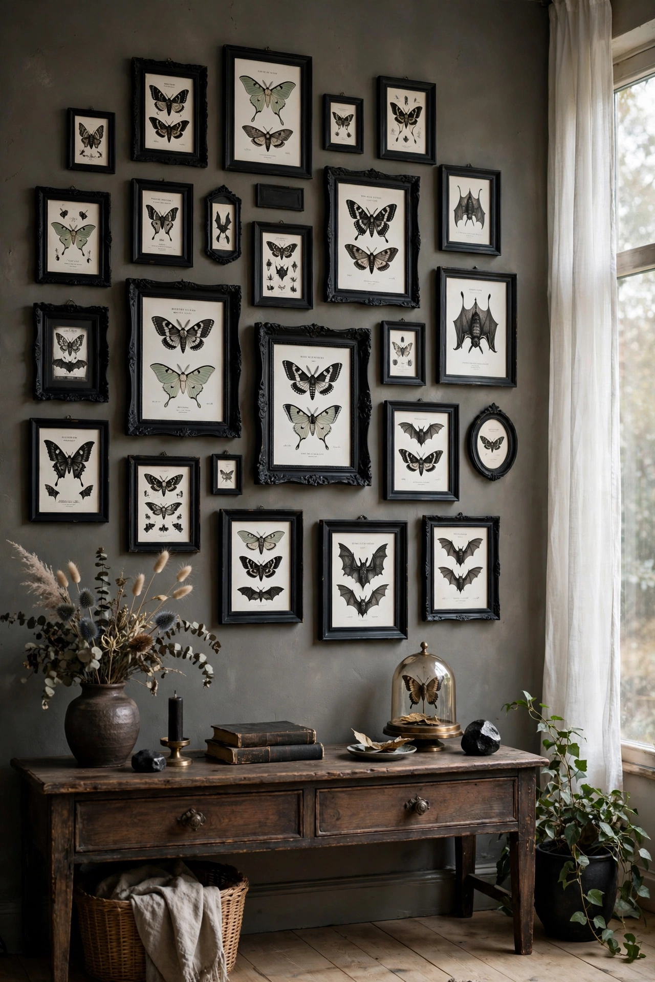 Salon style gallery wall of black frames with bat and moth prints