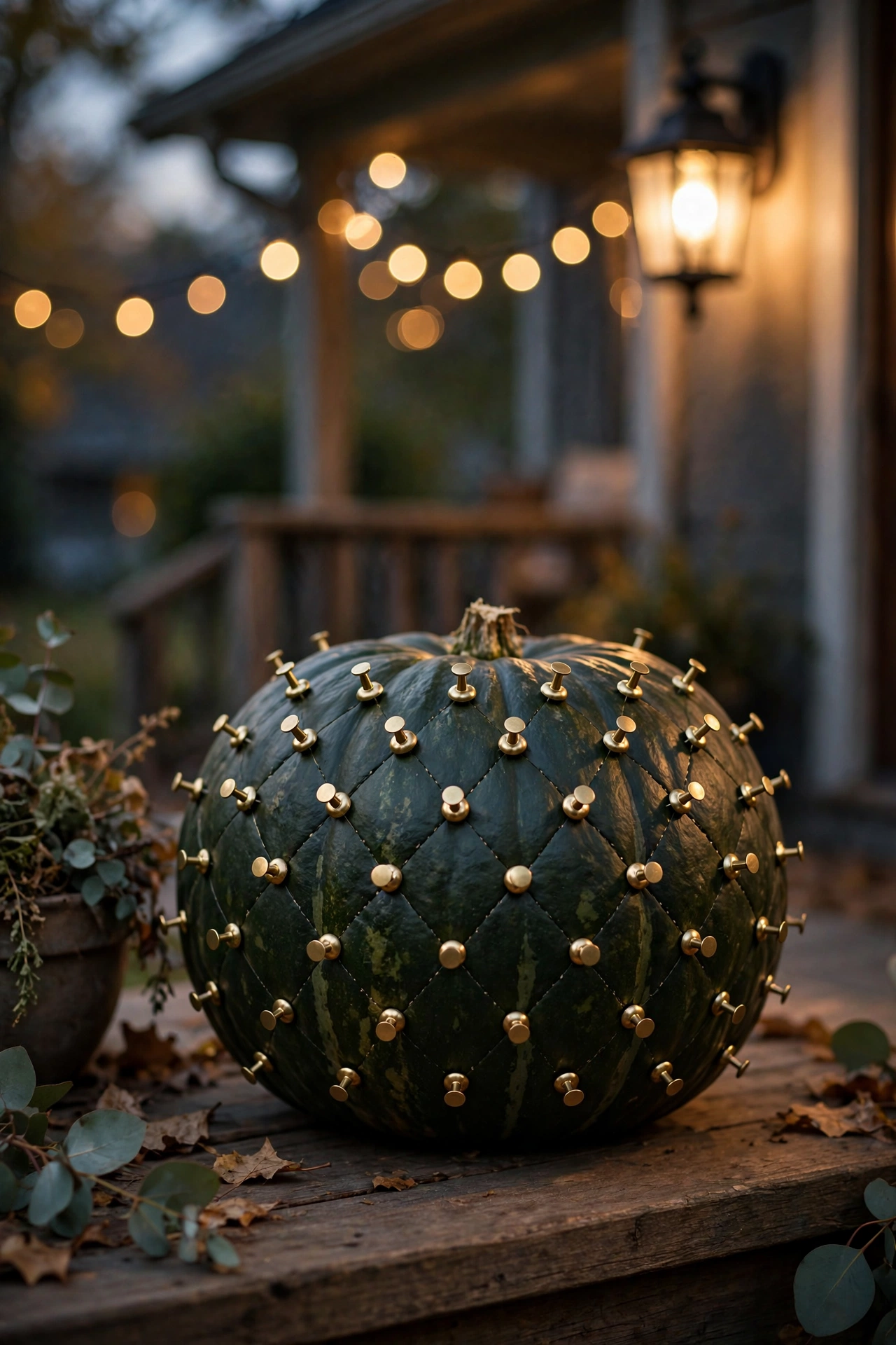 Dark green pumpkin with rows of brass thumbtacks glowing in warm evening porch light