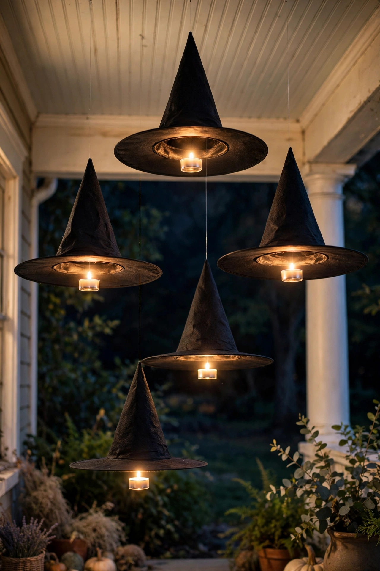 black witch hats hanging from a porch ceiling at different heights with glowing tea lights inside at night