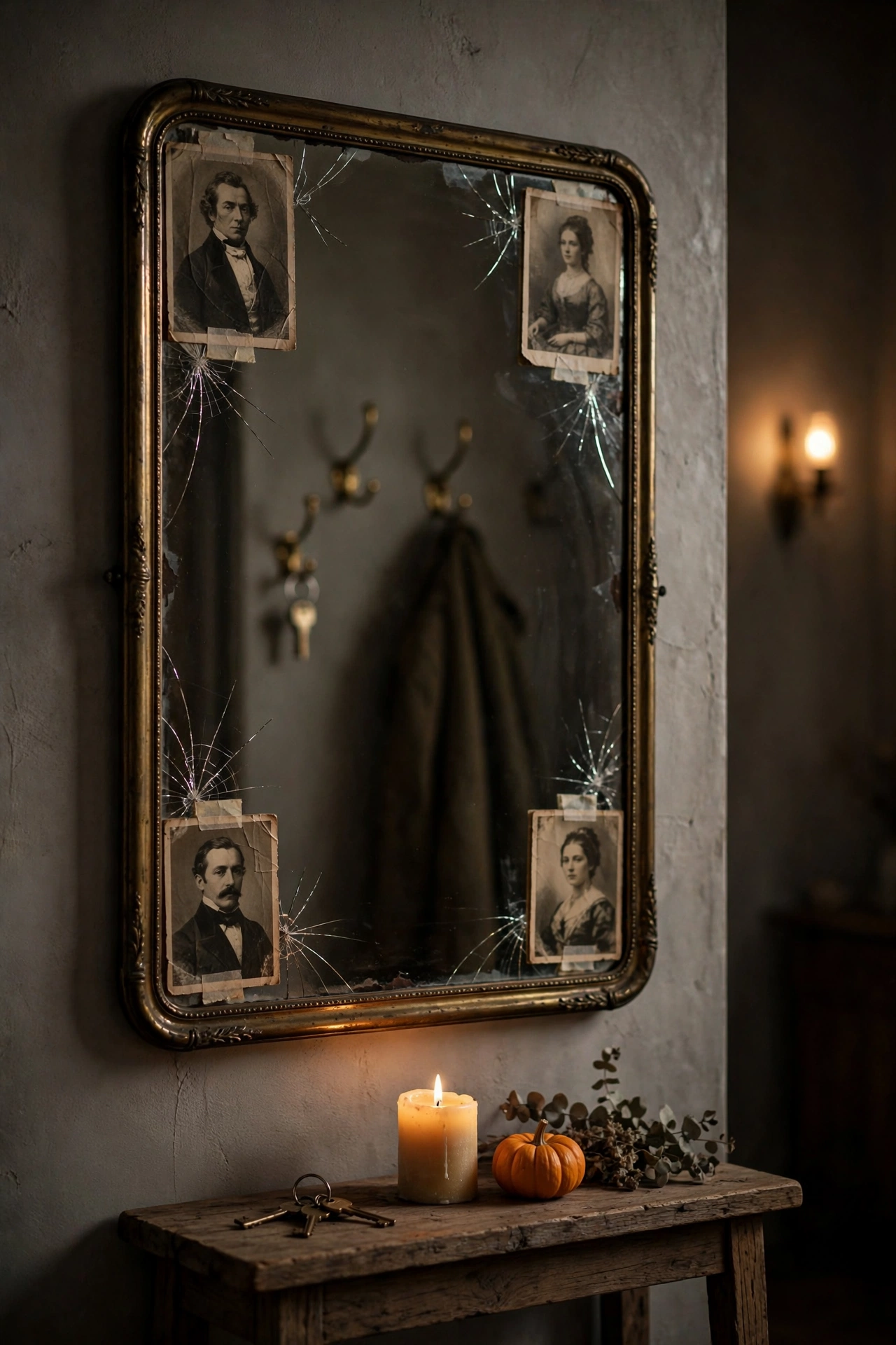 Entryway mirror with vintage portrait print and crack decals on its corners, small console table below with a lit candle and tiny pumpkin