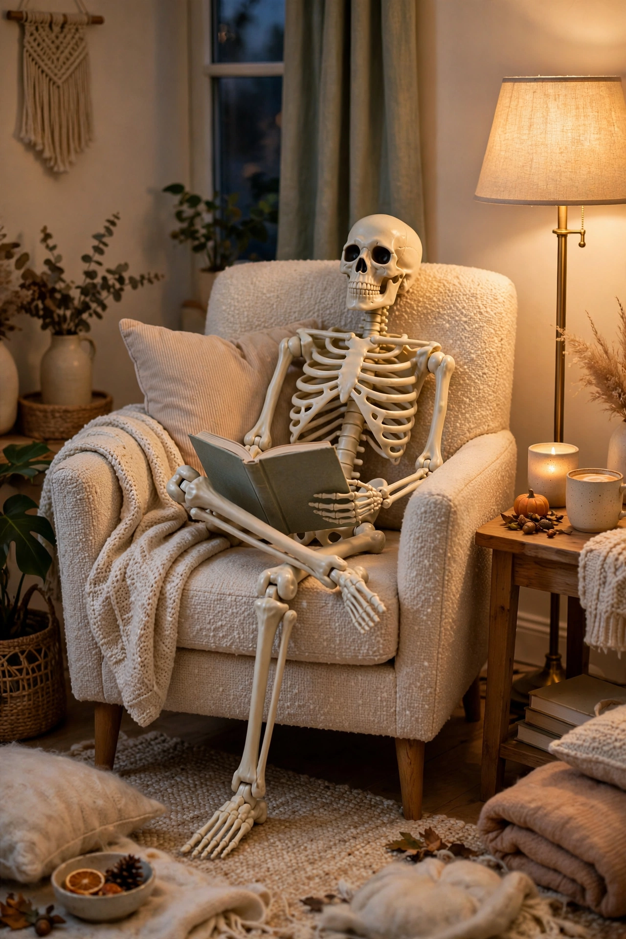 Posable skeleton relaxing in a reading chair with a book