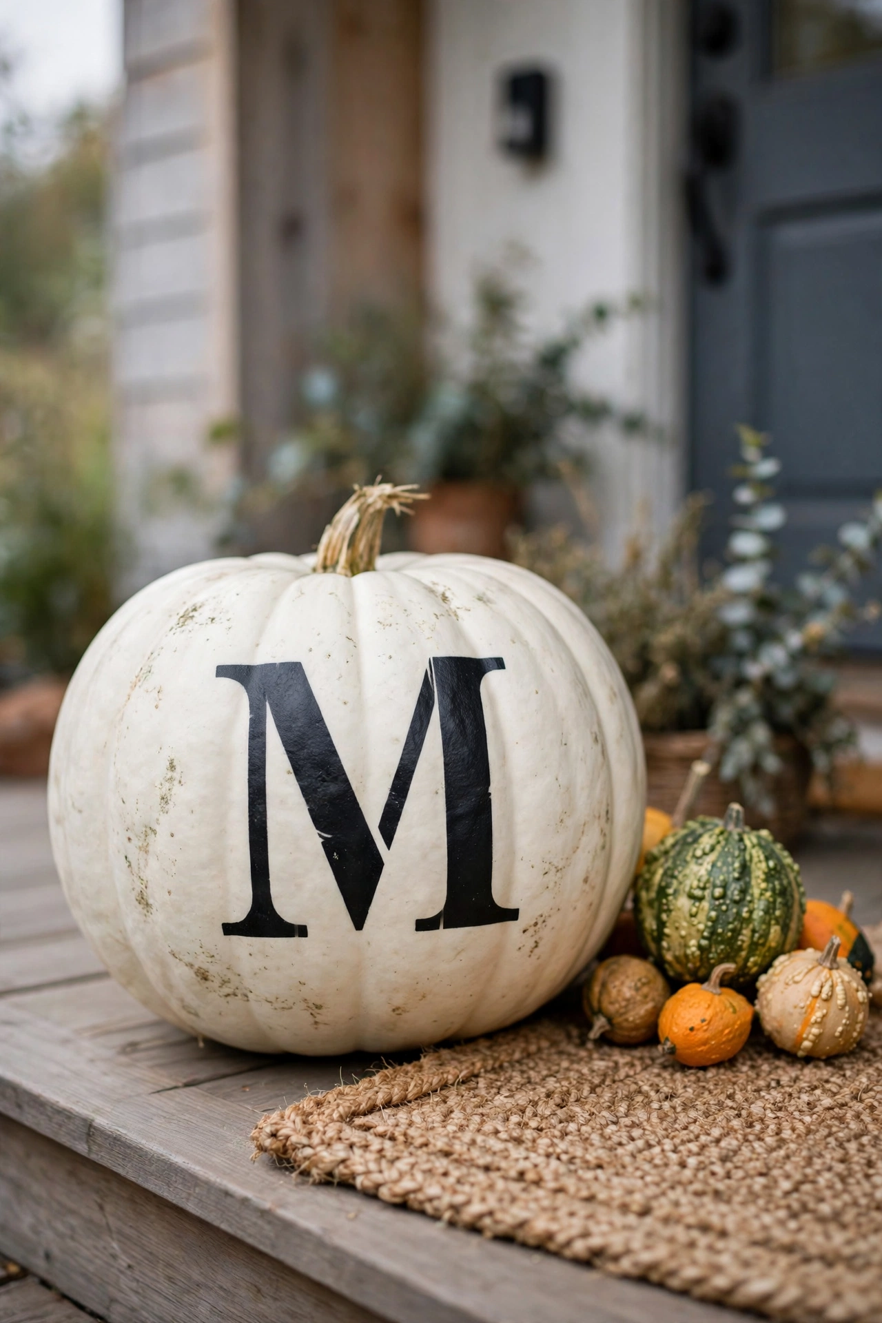White pumpkin with a large black stenciled letter monogram on a front porch next to a doormat