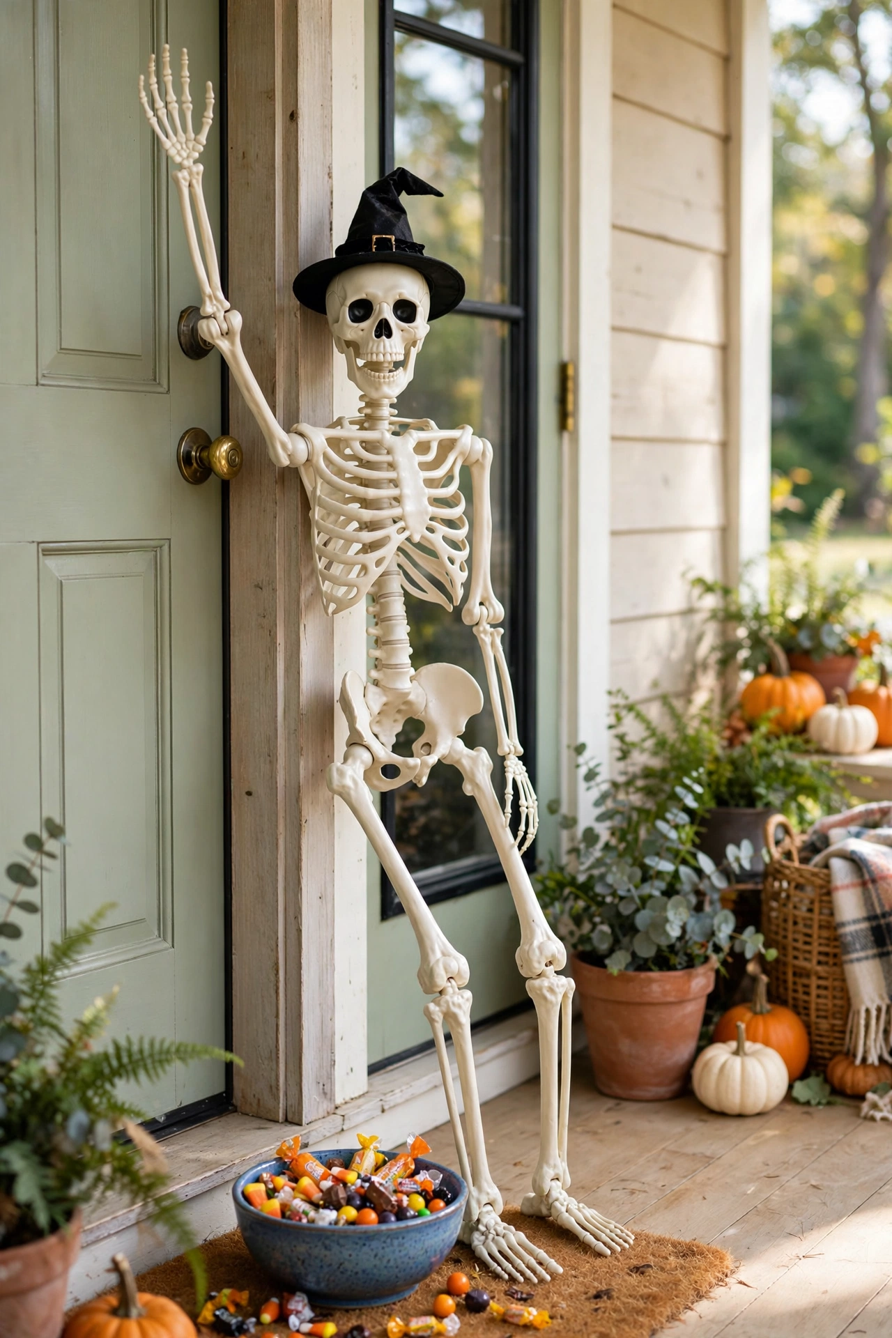 plastic skeleton posed leaning against a front door frame with one arm raised in a wave wearing a tiny witch hat with a candy bowl at its feet