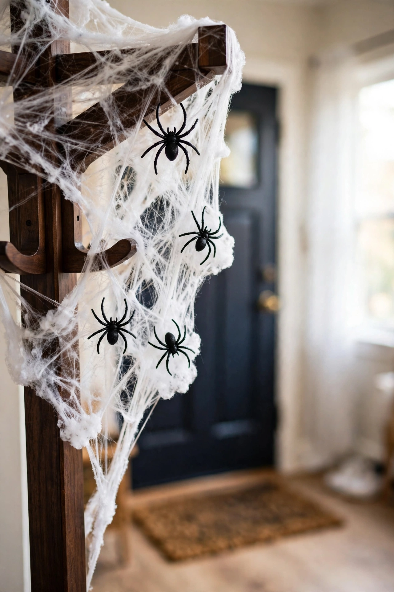 Dense white faux spiderweb draped over the top corner of a dark wooden coat rack with black plastic spiders in the thickest spots
