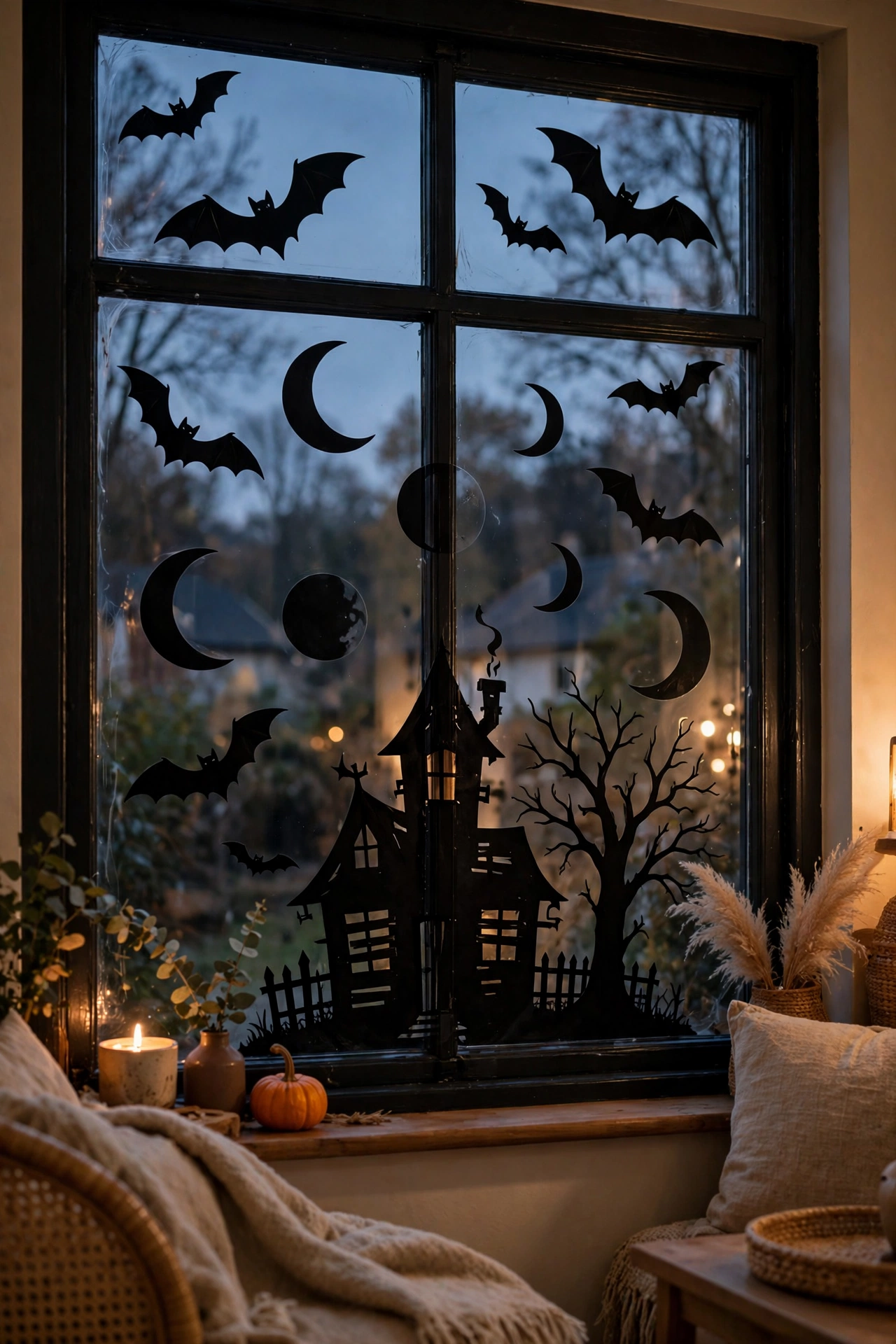 Window with black Halloween clings glowing against dusk light