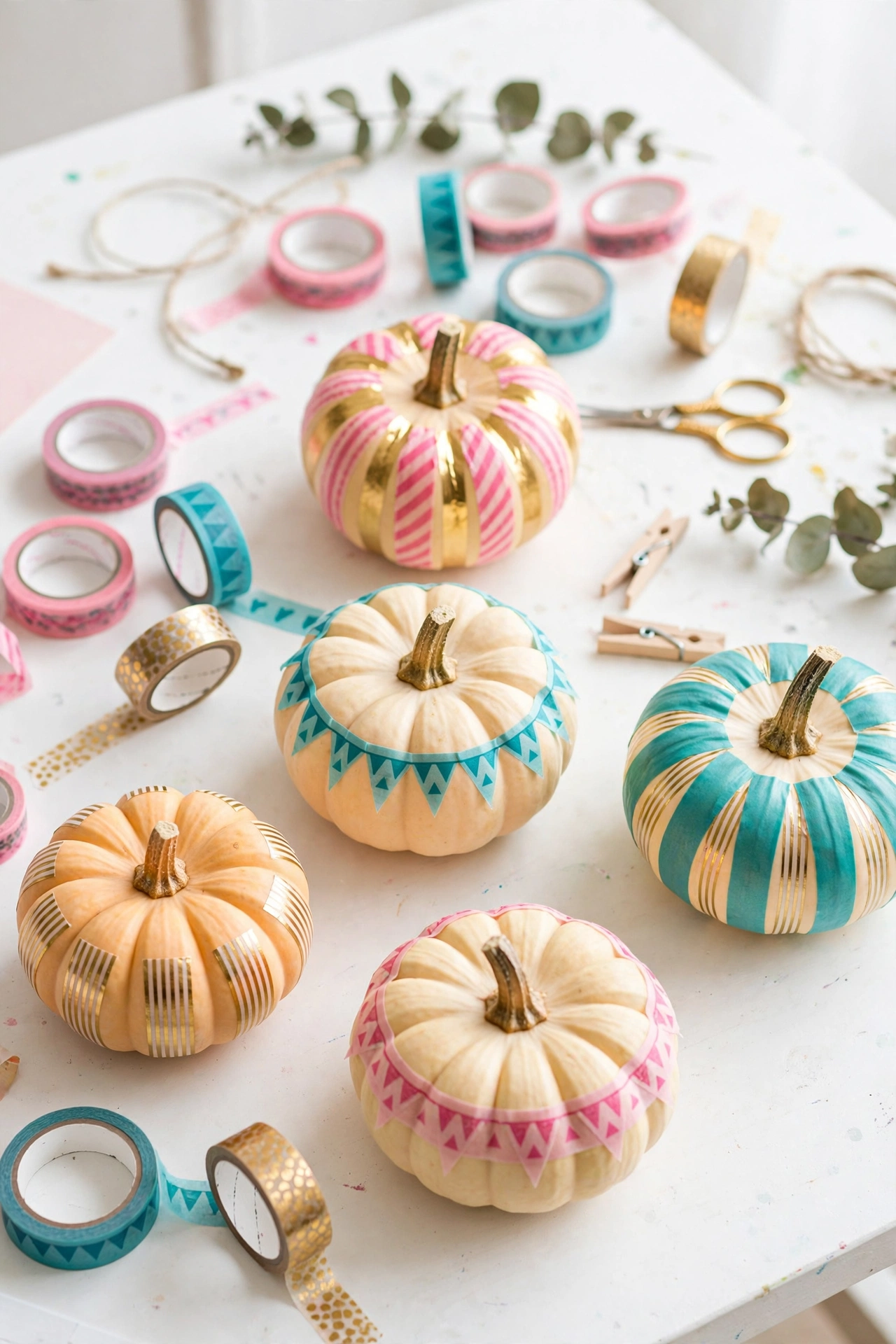 Small pumpkins decorated with colorful washi tape stripes and triangle bunting patterns on a craft table