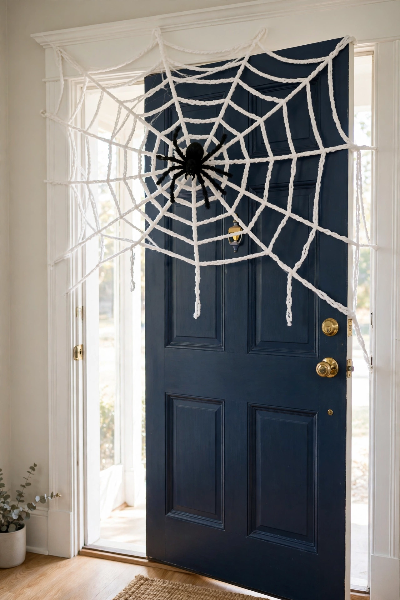 giant white yarn spider web spun across the top corner of a front door frame with a large black fake spider clipped in the center