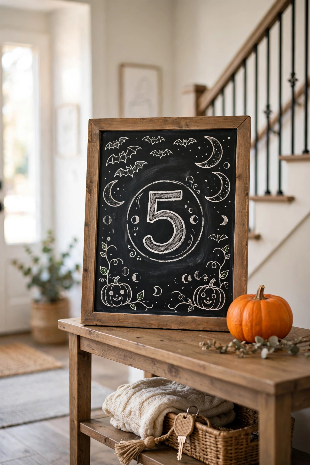 Framed chalkboard with a Halloween countdown and chalk doodles of bats and pumpkins on an entryway console table