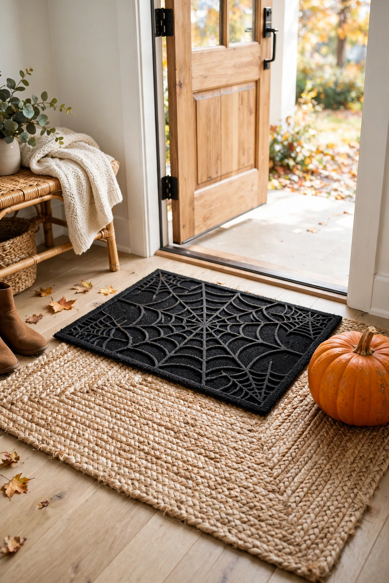 Spiderweb doormat layered over a jute rug with a pumpkin