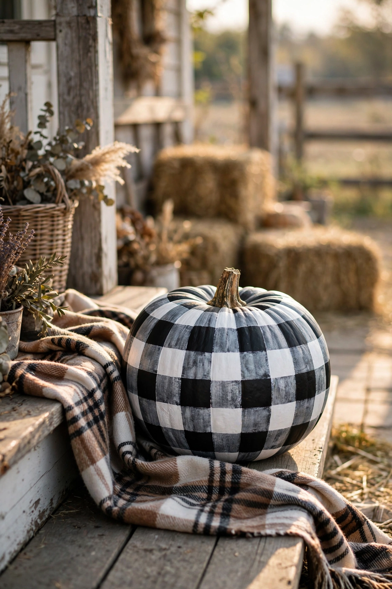 Pumpkin painted in black and white buffalo check pattern on a farmhouse porch with a plaid blanket