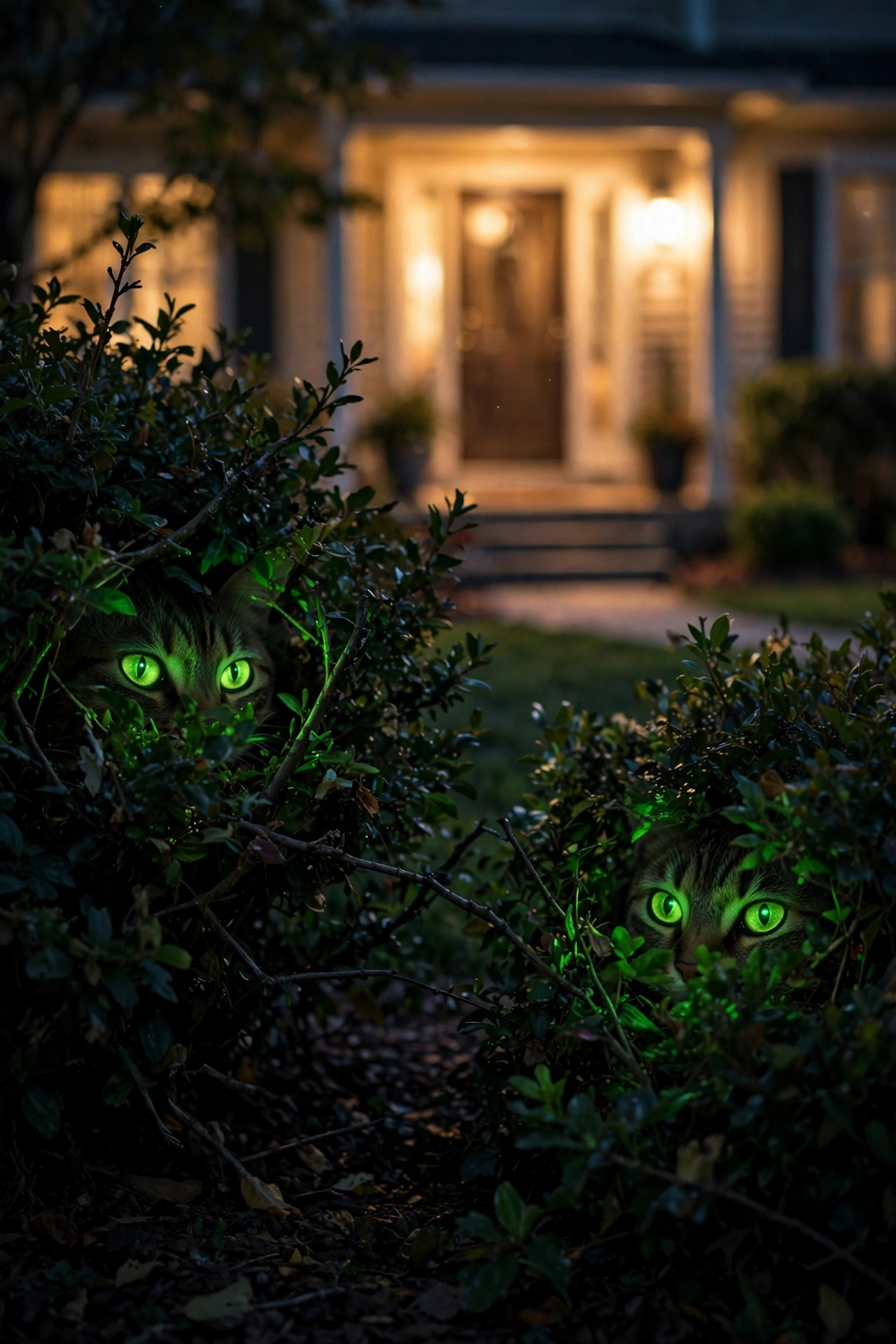 glowing green eyes peering from dark bushes beside a front door at night with the lit doorway softly blurred behind